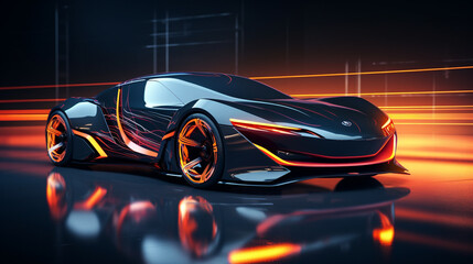 Car with neon lights on a dark background, side view. Sports car, futuristic autonomous vehicle...