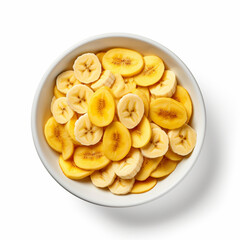 Top-down view of a bowl of banana slices.