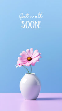 Get well greeting card. A white vase with a pink flower in it.