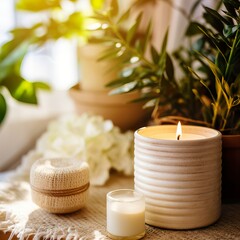 Obraz na płótnie Canvas Mindfulness home interior decor, green plants and candles in beautiful afternoon light, natural cozy calm home decoration