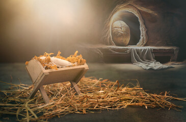 Birth and resurrection of Jesus Christ, manger in Bethlehem, empty grave tomb with shroud, religion and faith of christianity, bibical story, tomb made with AI - obrazy, fototapety, plakaty