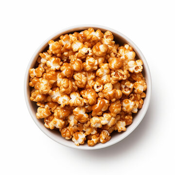 Top-down View Of A Bowl Of Caramel Popcorn Isolated On A White Background