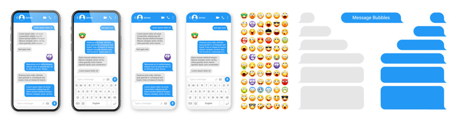 Smartphone messaging app, user interface design with emoji. SMS text frame. Chat screen with blue message bubbles. Texting app for communication. Social media application. Vector illustration