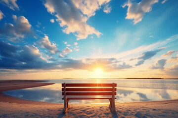 Front View of the Wooden Bench by the Sea with Sunlight and Blue Sky