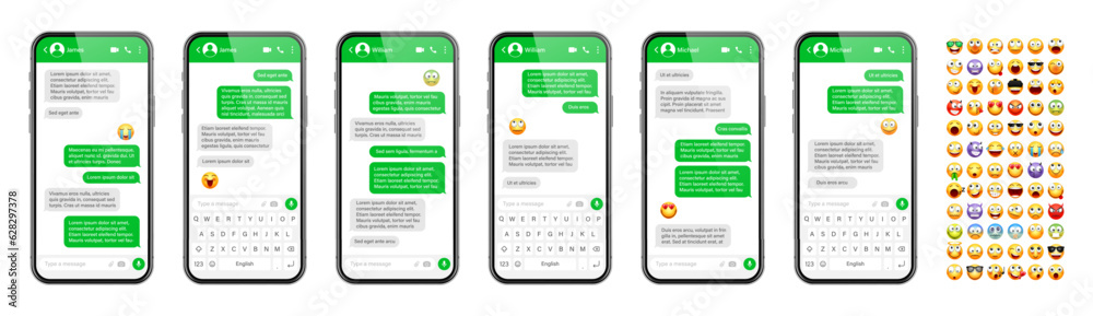 Wall mural smartphone messaging app, user interface design with emoji. sms text frame. chat screen with green m
