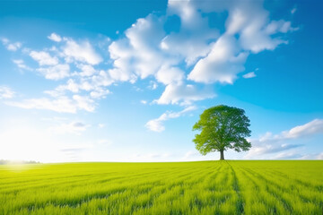 Fototapeta na wymiar Beautiful Tree in Green Landscape with Clear Blue Sky