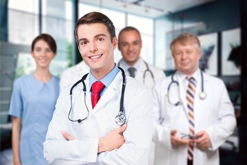 Fototapeta premium Portrait of smiling medical nurse looking at camera, AI generated image