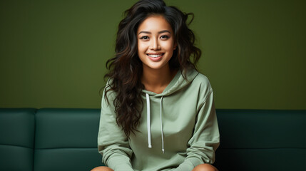 Young woman runner on pastel background fitness advertisement women's running clothes healthy lifestyle