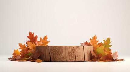 wood pedestal podium on natural dry autumn leaves, minimalist product show case podium.