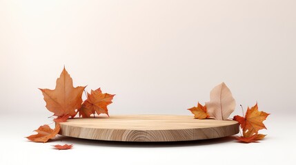 wood pedestal podium on natural dry autumn leaves, minimalist product show case podium.