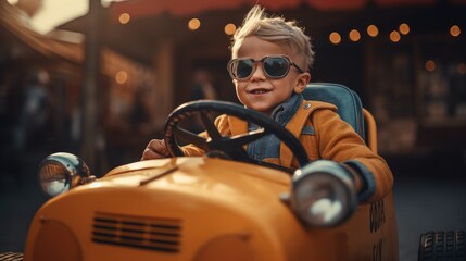Fototapeta na wymiar A little kid drives a small pedal car. Generative AI