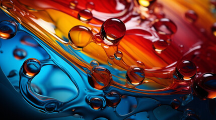 Colorful liquid drops water background backdrop red , blue and yellow liquid made with AI generative technology