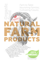 Natural farm product shop poster. Vintage sketch goat head and advertising text. Farmer market retro print. Butchery label creative typography design. Engraving livestock drawing artwork. Vector eps