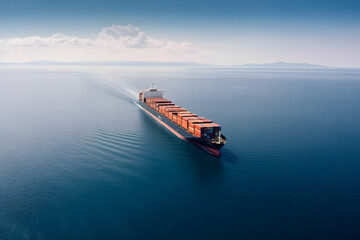 aerial panorama of a cargo ship carrying container for import and export business logistic and transportation in open sea with copy space