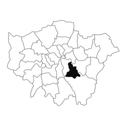 Map of Lewisham in Greater London province on white background. single County map highlighted by black colour on Greater London, England administrative map.