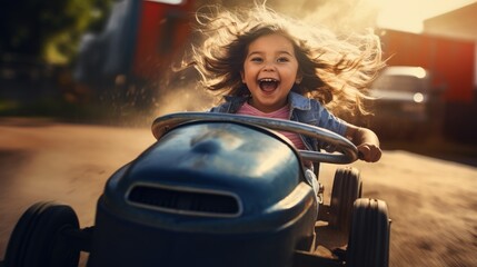 Obraz na płótnie Canvas A little kid drives a small pedal car. Generative AI