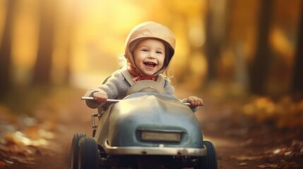 A little kid drives a small pedal car. Generative AI