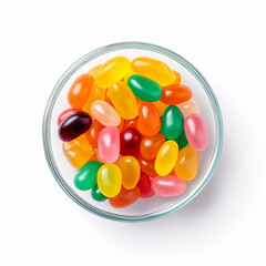 Top-down view of a bowl of colorful jelly beans isolated on a white background