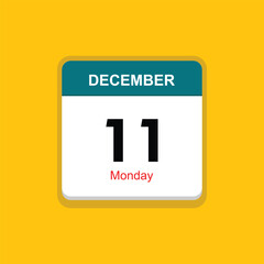 monday 11 december icon with yellow background, calender icon