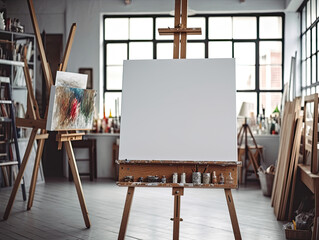 Mockup of a blank canvas on an easel in a well-lit artist's studio - obrazy, fototapety, plakaty