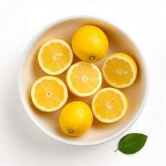 Top-down view of a bowl of lemons isolated on a white background