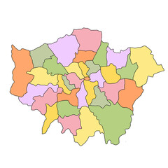 map of Greater London is a region of England, with borders of the ceremonial counties or boroughs and different colour.
