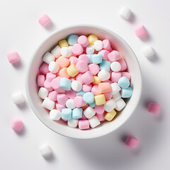 Top-down view of a bowl of colorful marshmallows.