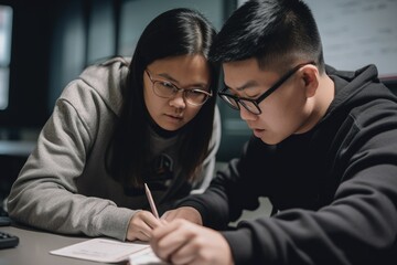 a tutor guiding a student through a challenging math problem, providing encouragement and support - obrazy, fototapety, plakaty