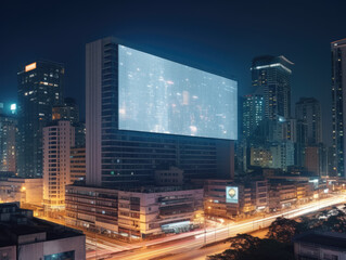 A blank billboard in a bustling cityscape at dusk