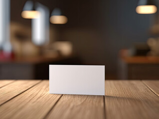 A blank business card on a wooden desk
