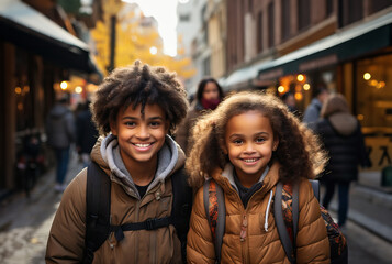 Fototapeta premium Two children standing together, ready for the first day of school