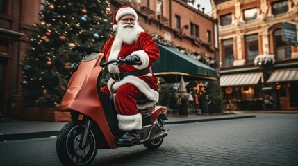 Santa Claus riding an electric scooter for delivery gifts. Generative AI