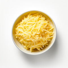 Top-down view of a bowl of shredded cheese.