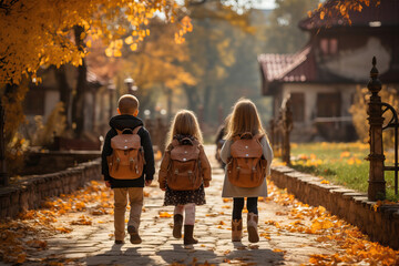 Three children walking down a fall path on their way back to school