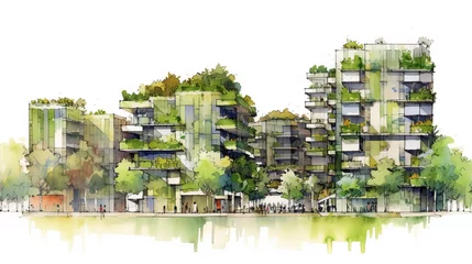 Rolgordijnen Sustainable urban design sketch featuring eco friendly elements, rough sketch with green watercolor, ecology line art concept  © AlexTroi