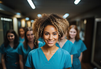 A group of women wearing scrubs standing in a hospital hallway