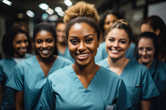 A diverse group of women healthcare professionals wearing scrubs and posing together