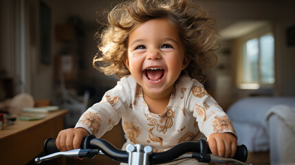 Spellbinding portrait of a joyful smiling baby that riding a bike.