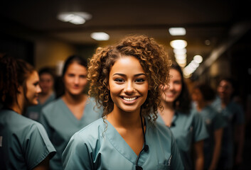 A group of female healthcare professionals in scrubs standing together