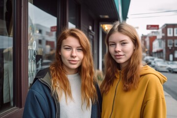 portrait of two young friends standing outside their new favorite coffee shop