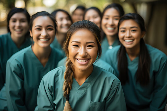 A group of women wearing green scrubs posing for a picture