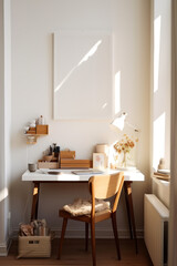artistic frame canvas mock up in a curated whimsical studio setting / desk, atelier bohemian style with natural light and shadows - ai generative art	