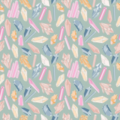 Set of geometric colorful crystals seamless pattern.  Vector illustration background. Alternative medicine, magic, crystal healing, astrology