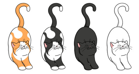 Cute cartoon colorful smiling stretching cats. Vector cat set isolated on white background