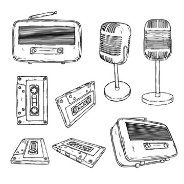 Vector set of retro vintage mic, audio cassette, radio isolated on white. Announcement, advertasind, music set
