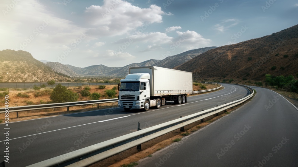 Wall mural a white cargo truck with a white blank empty trailer for ad on a highway road in the united states. 