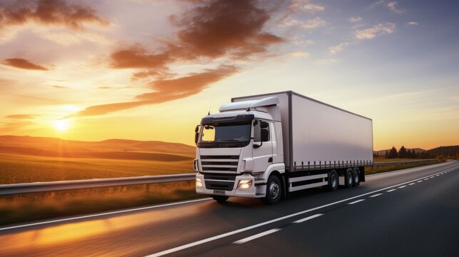a white cargo truck with a white blank empty trailer for ad on a highway road in the united states. beautiful nature mountains and sky. golden hour sunset. driving in motion. Generative AI