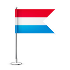 Luxembourgish table flag on a silver steel pole. Souvenir from Luxembourg. Desk flag made of paper or fabric, shiny metal stand. Mockup for promotion and advertising. Vector illustration