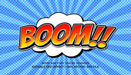 Boom comic editable text effect template, 3d bold cartoon typeface, premium vector