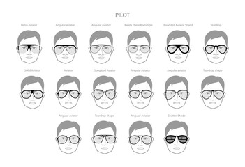 Set of Aviator frame glasses on men face character fashion accessory illustration. Sunglass front view unisex silhouette style, flat rim spectacles eyeglasses with lens sketch style outline isolated